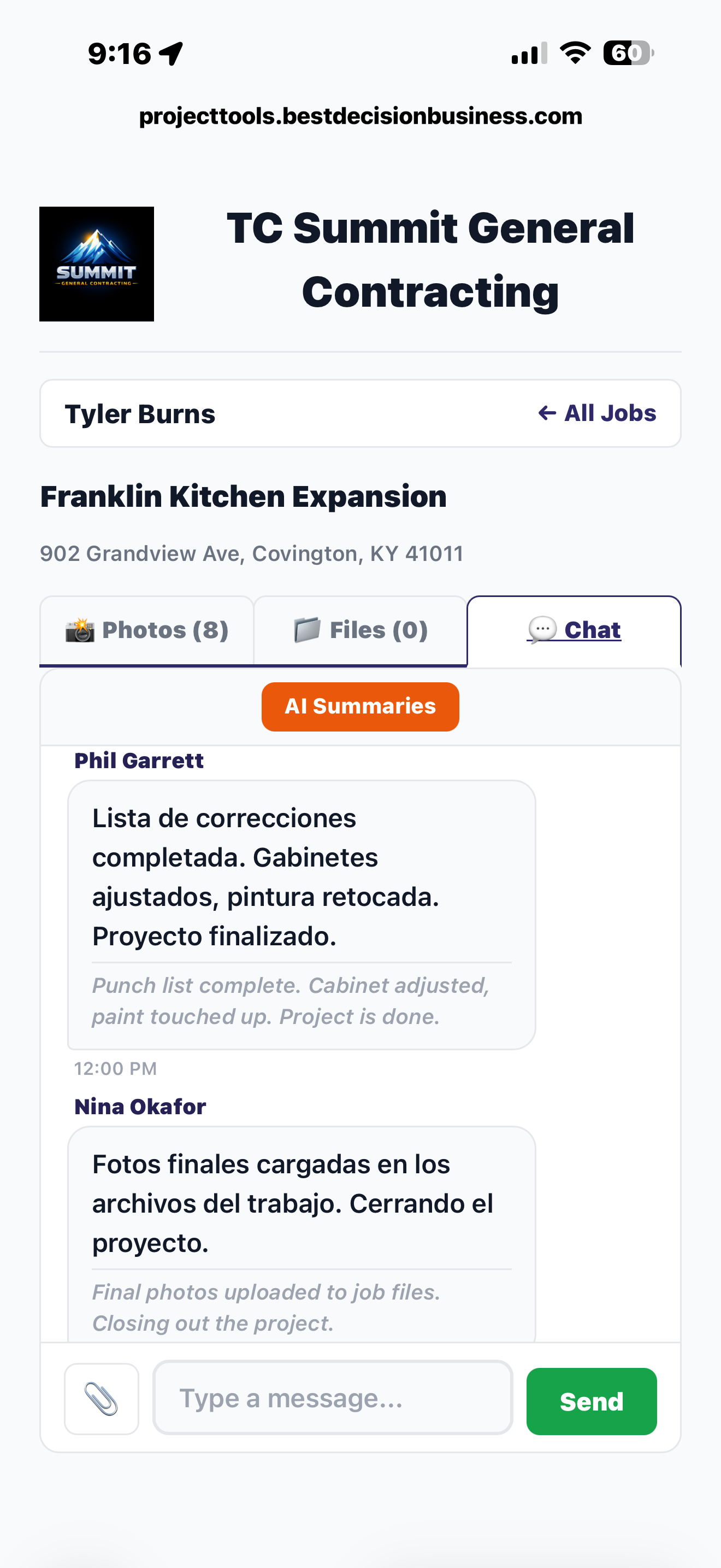 Job Hub channel with crew messages and auto-posted receipts, photos, and schedule changes inline