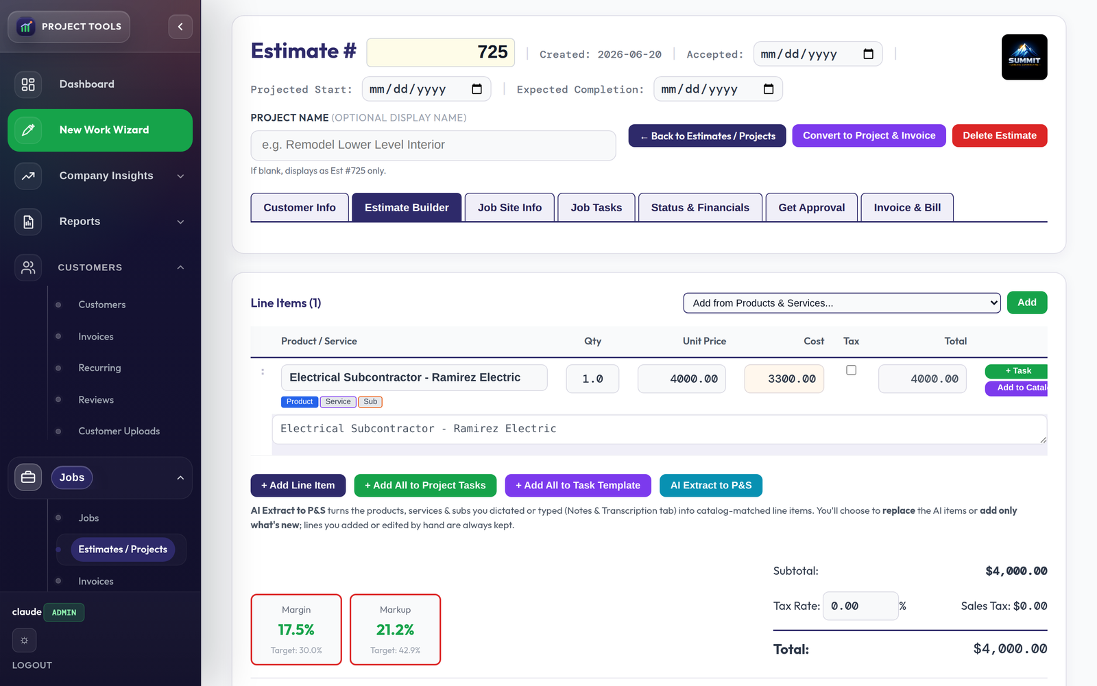 Estimate line items with products, quantities, and pricing detail