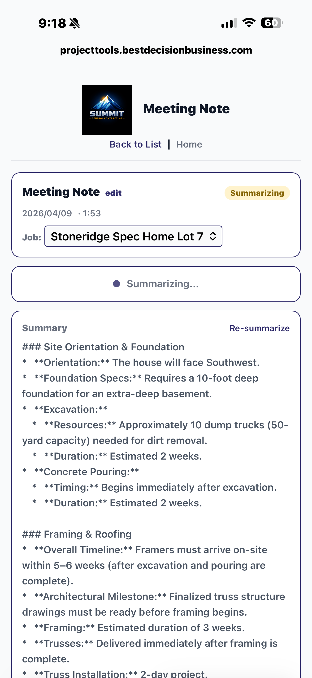 Meeting Notes AI summary view with extracted tasks ready to save to a job