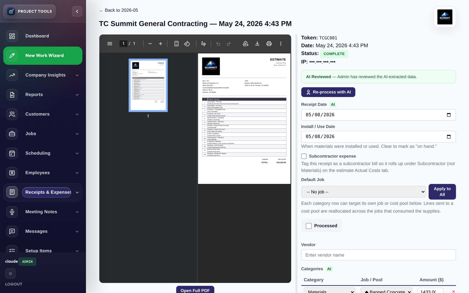 Receipt detail with AI-extracted fields, job assignment, and QBO sync