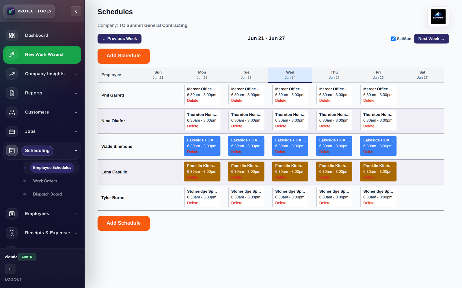 Weekly employee schedule grid with all crew assignments